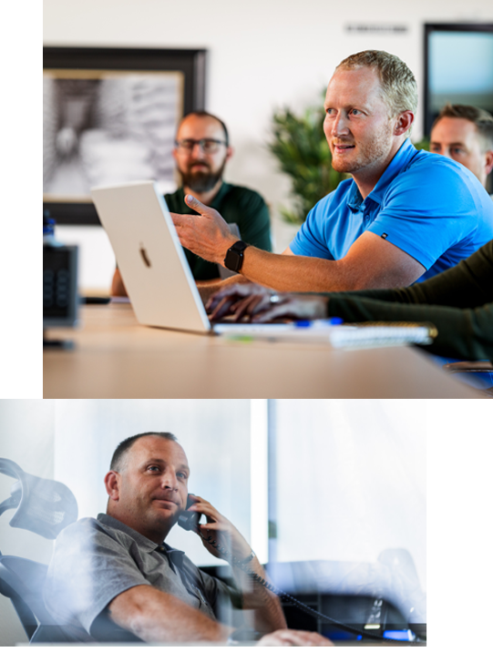 Two stacked images. Top one is a meeting of employees, centered on the person speaking. The bottom image is an employee at his desk, on the phone.